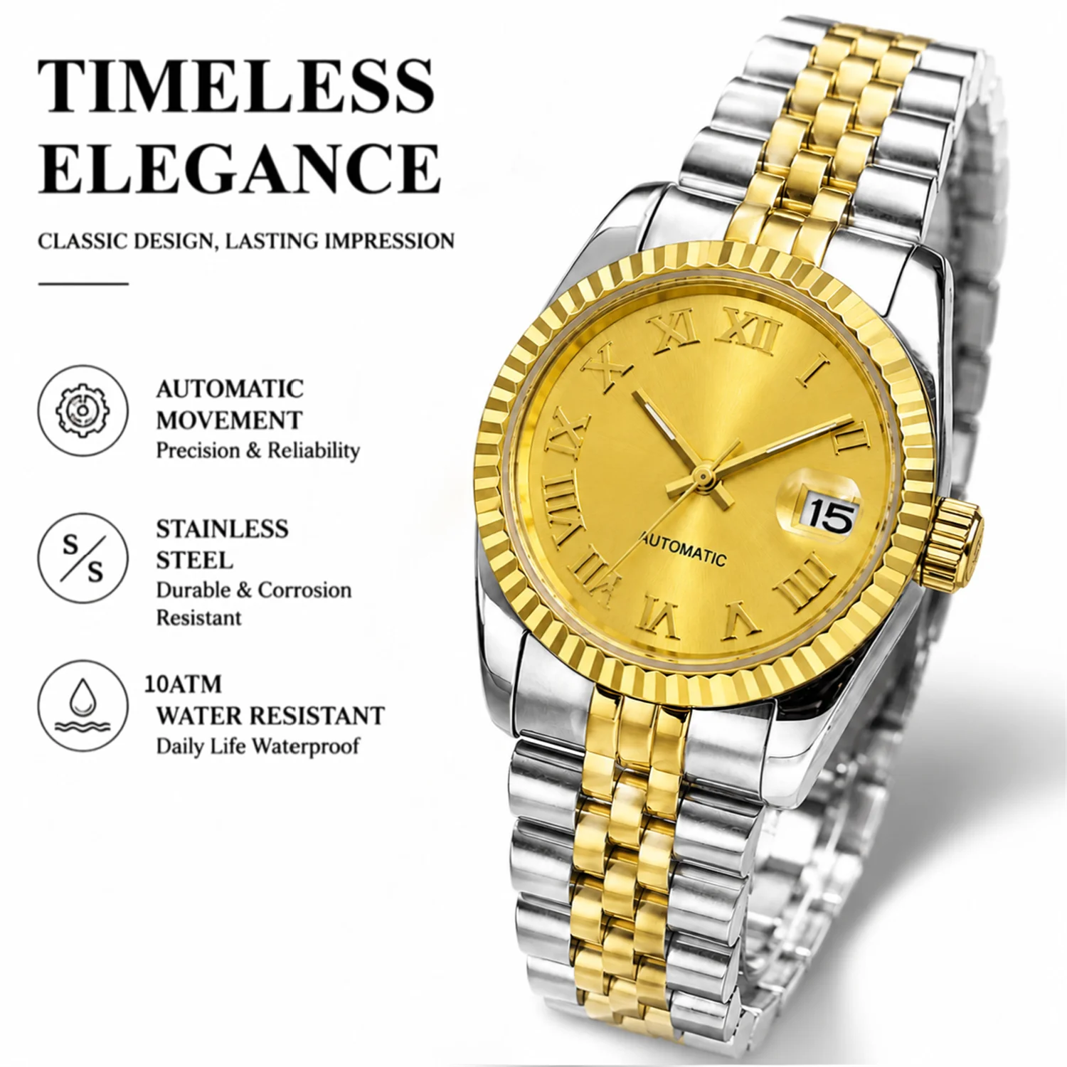 BLIGER Gold Roman Number Dial 31mm NH05 Mechanical Automatic Lady's Watch Fluted Circle Bezel Sapphire Date Waterproof Wristwtch