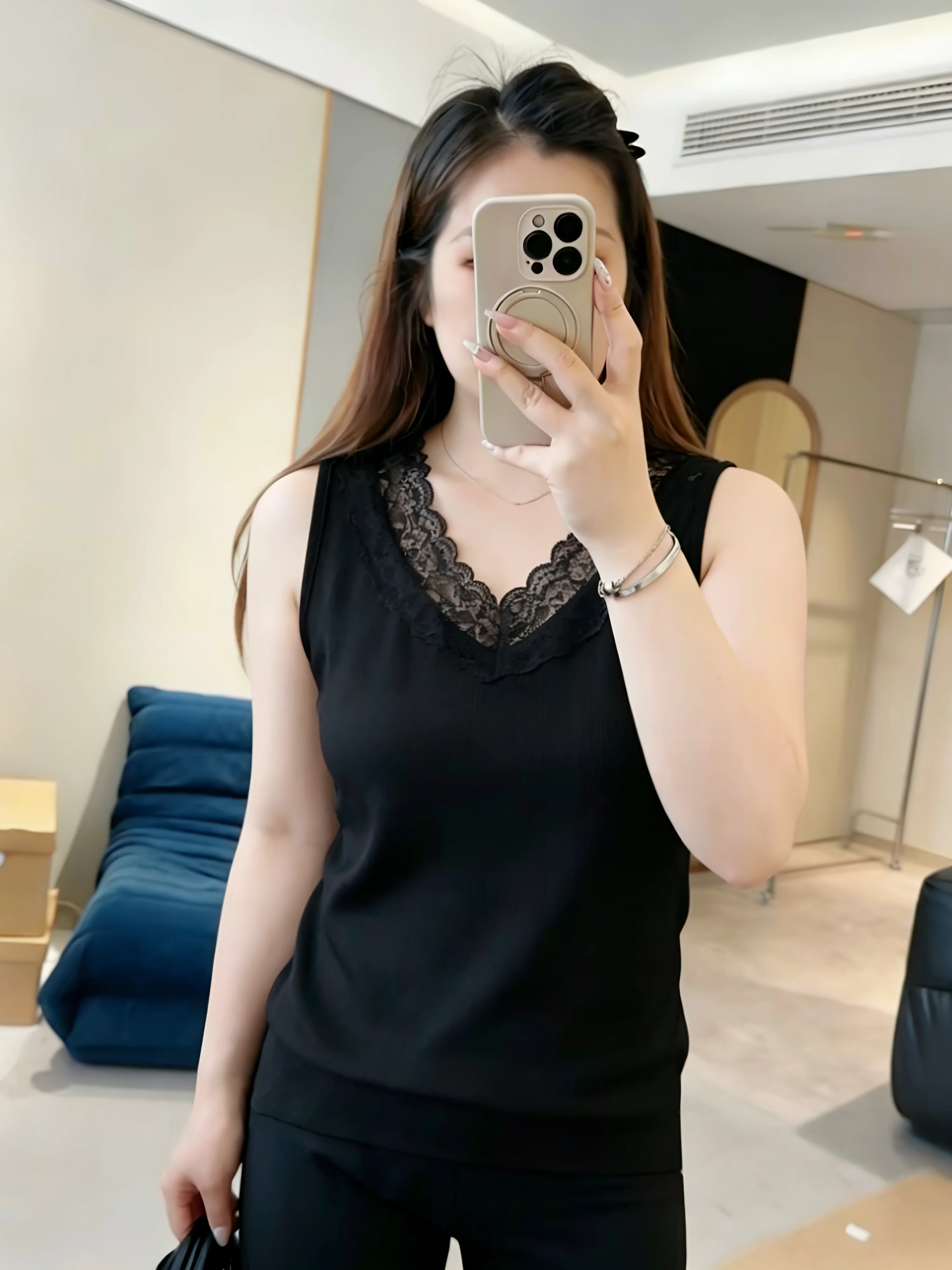 Women's Lace V-neck Strapless Tank Top Summer New Style plus Size Slim Fit Base Layer Sleeveless Shirt Cotton 95% Spandex 5%