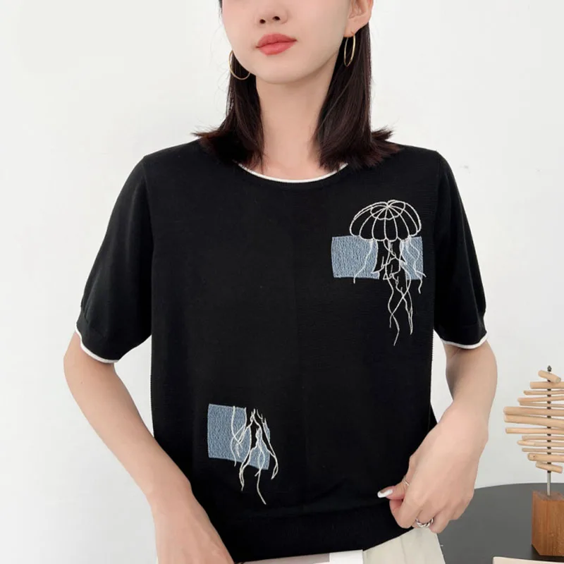 

2024 Summer Women's Pullovers Fashionable New Chinese 3D Printing and Dyeing Crew Neck Short Sleeve Loose Thin Style Sweaters