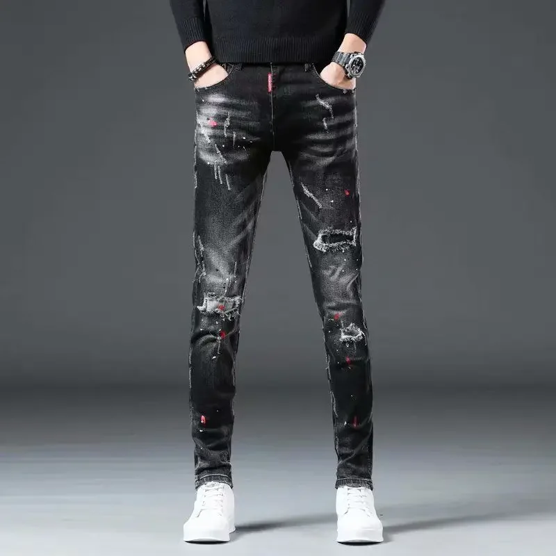 

Tapered Jeans for Men Black Hip Hop Ripped Male Cowboy Pants Trousers Torn with Holes Broken Cropped Baggy High Quality Denim Xs