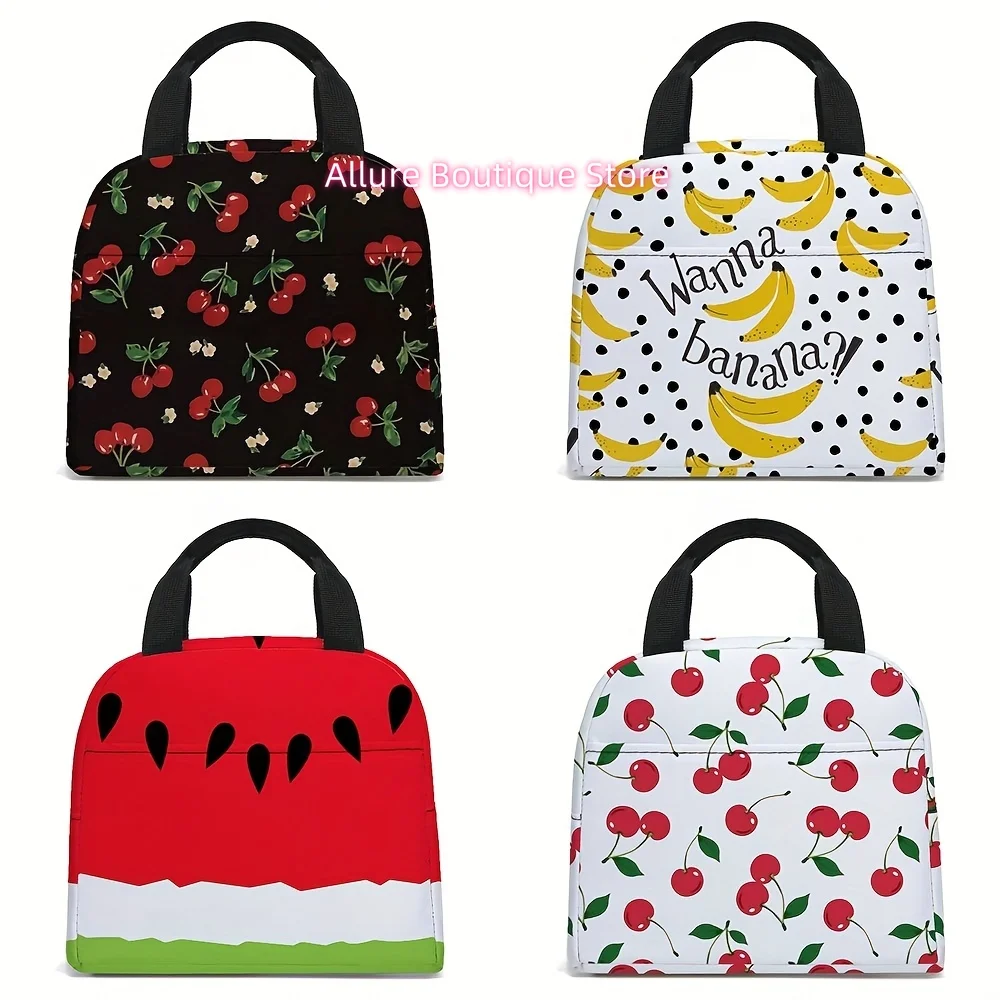 Lunch Bags Featuring Fruit Designs, Including Cherries And Bananas, Designed As Insulated Tote Bags. These Portable Bags Are Sui