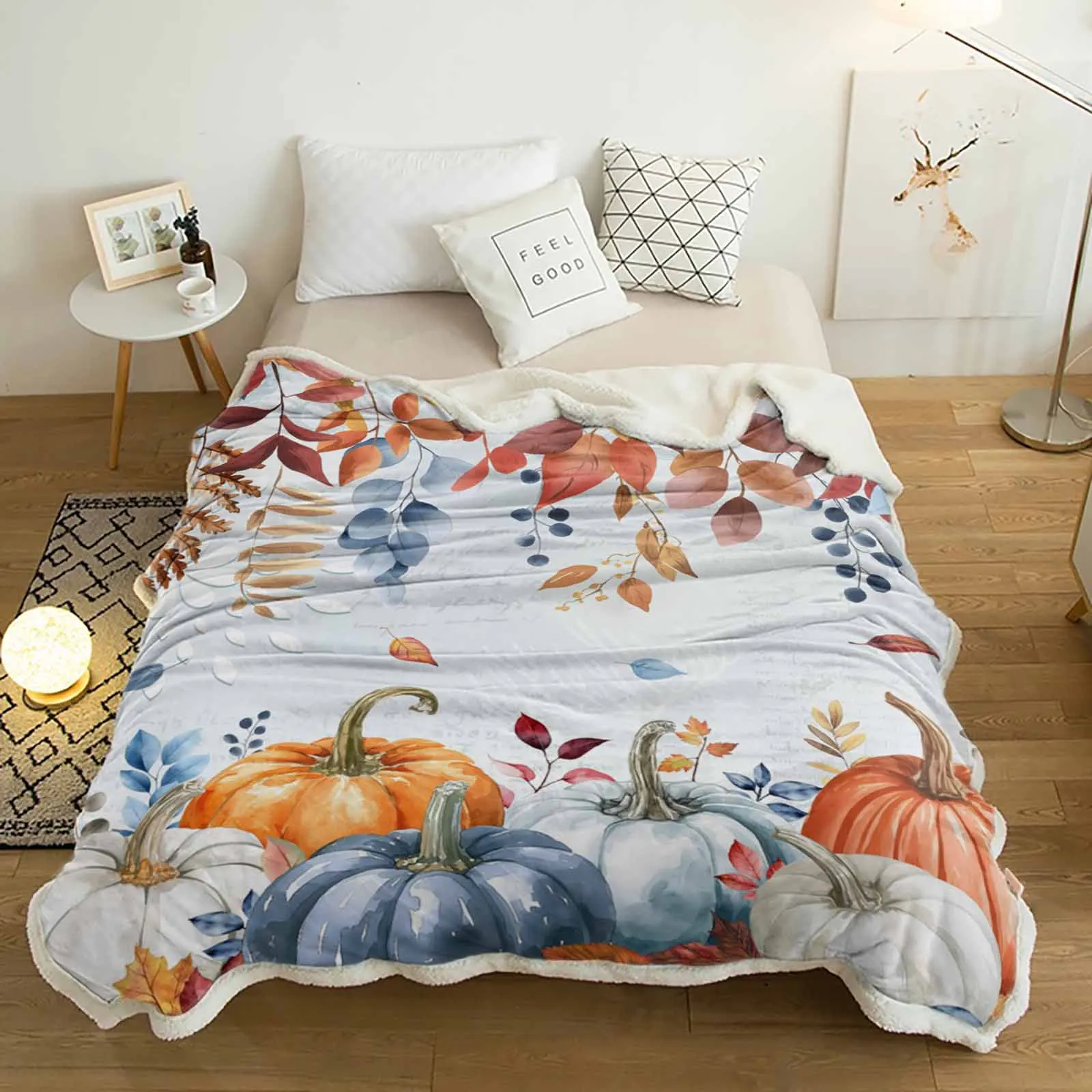 

Light Blue White Pumpkin Leaves Cashmere Blanket Warm Winter Soft Throw Blankets for Beds Sofa Wool Blanket Bedspread
