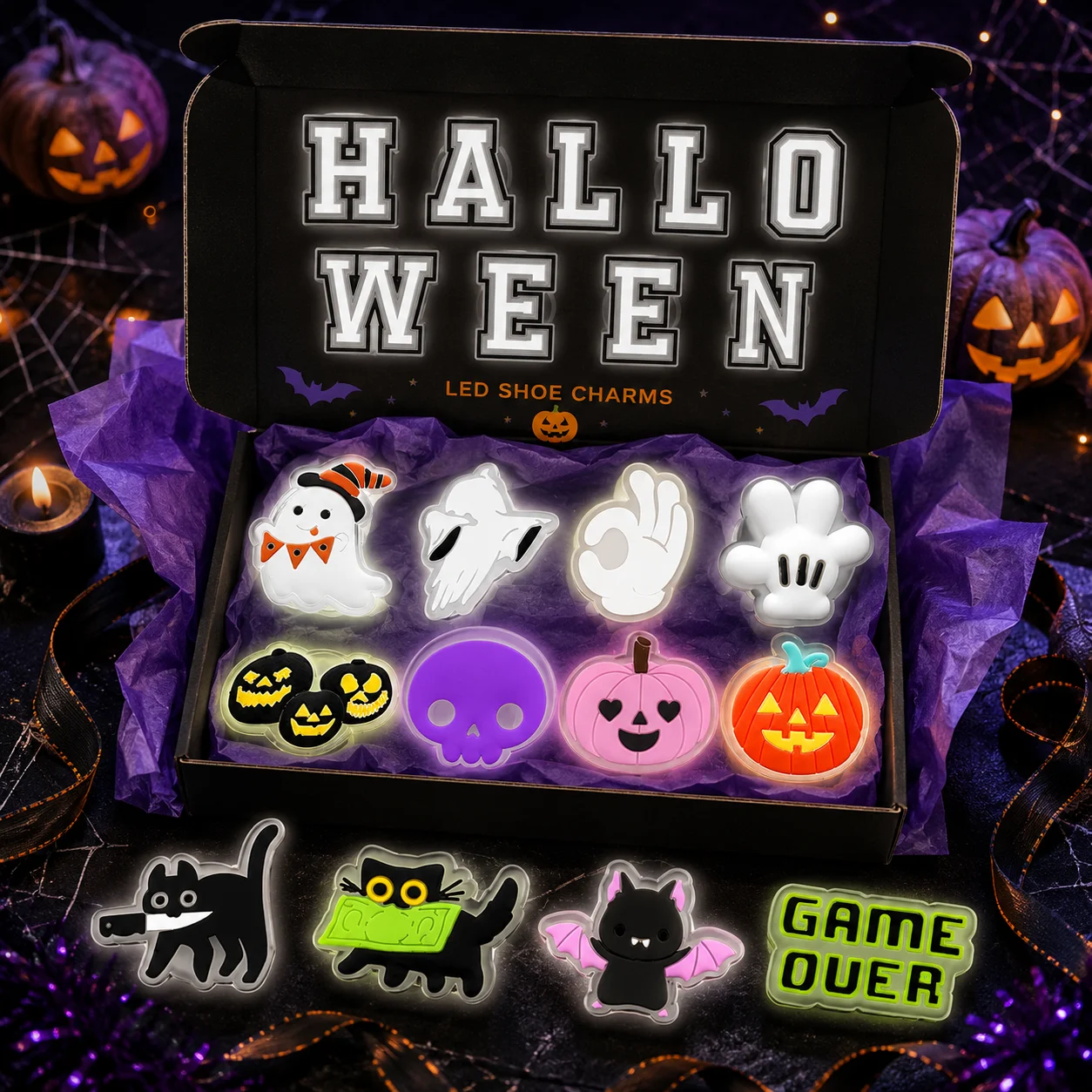 1/20PCS Halloween LED Shoe Charms Accessories Pins for Women Men Light Up Ghost Pumpkin Bat Letters Clogs Decorations Gifts