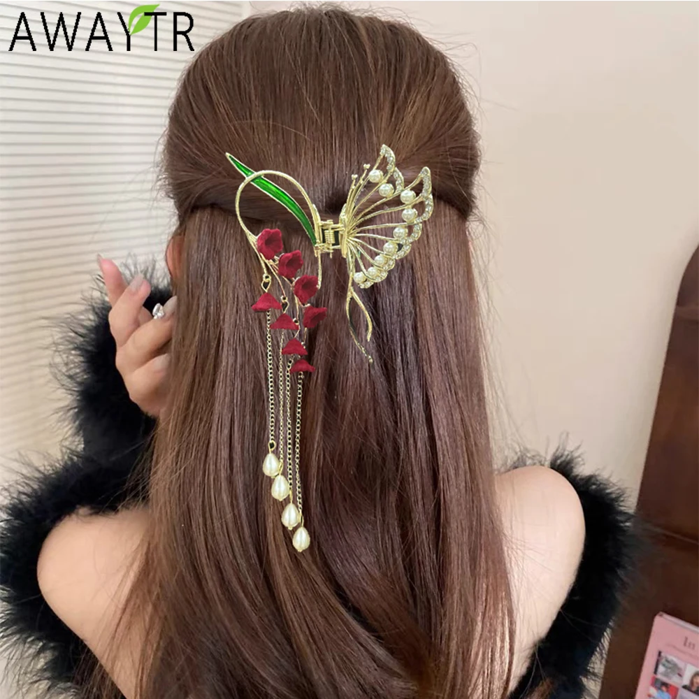 

AWAYTR Alloy Butterfly Hair Clips Velet Floral Pearl Tassel Hair Claws Shark Crab For Women Girl Hair Accessories Headwear