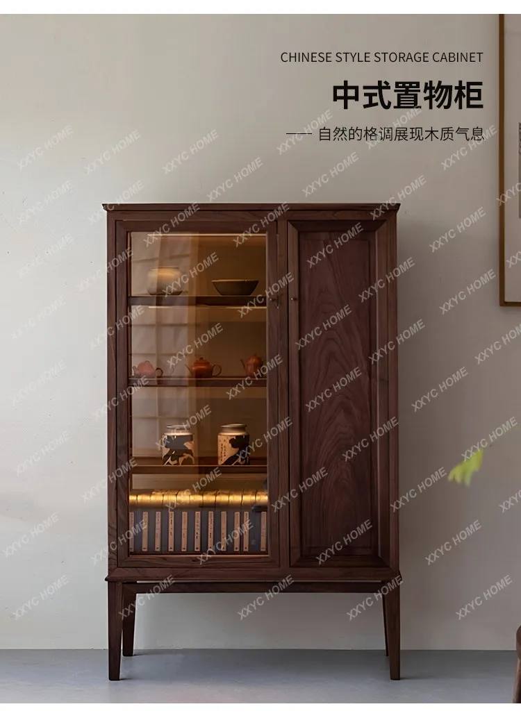 North American black walnut new Chinese wine cabinet dining side cabinet all solid wood living room light luxury glass cabinet