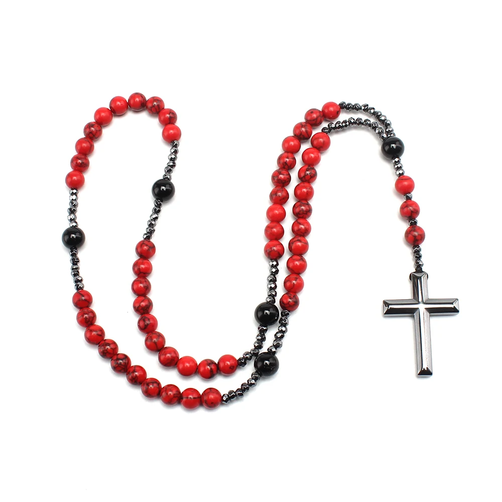Natural 8mm Red Turquoise Beads with Hematite Cross Pendant Necklace for Men and Women - view 5
