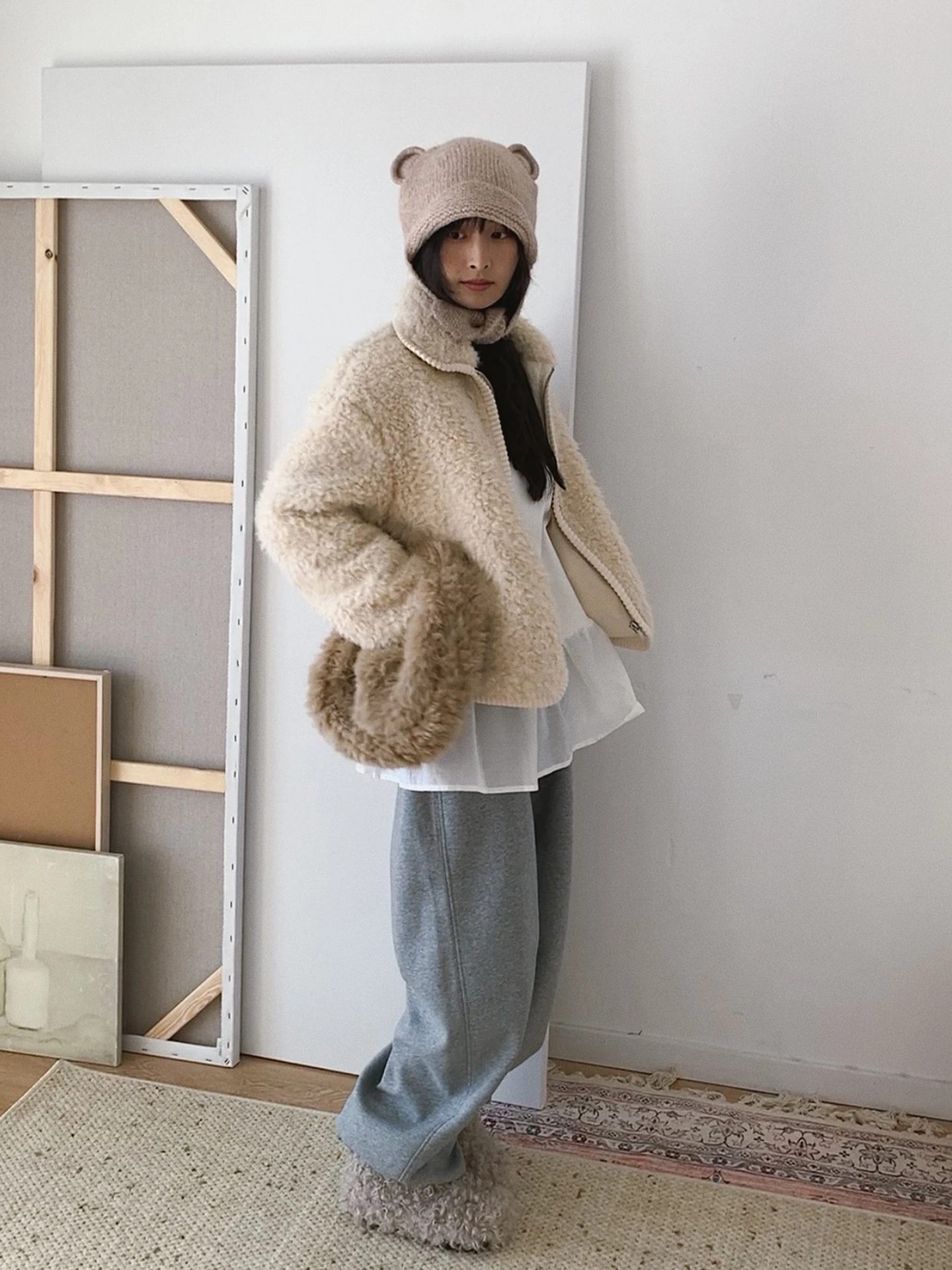 

Soloki Korean Sle Warm Thiened Collar Lamb Fur Simulation Outerwear Windproof Ladies' ort Coat Polyester Fiber