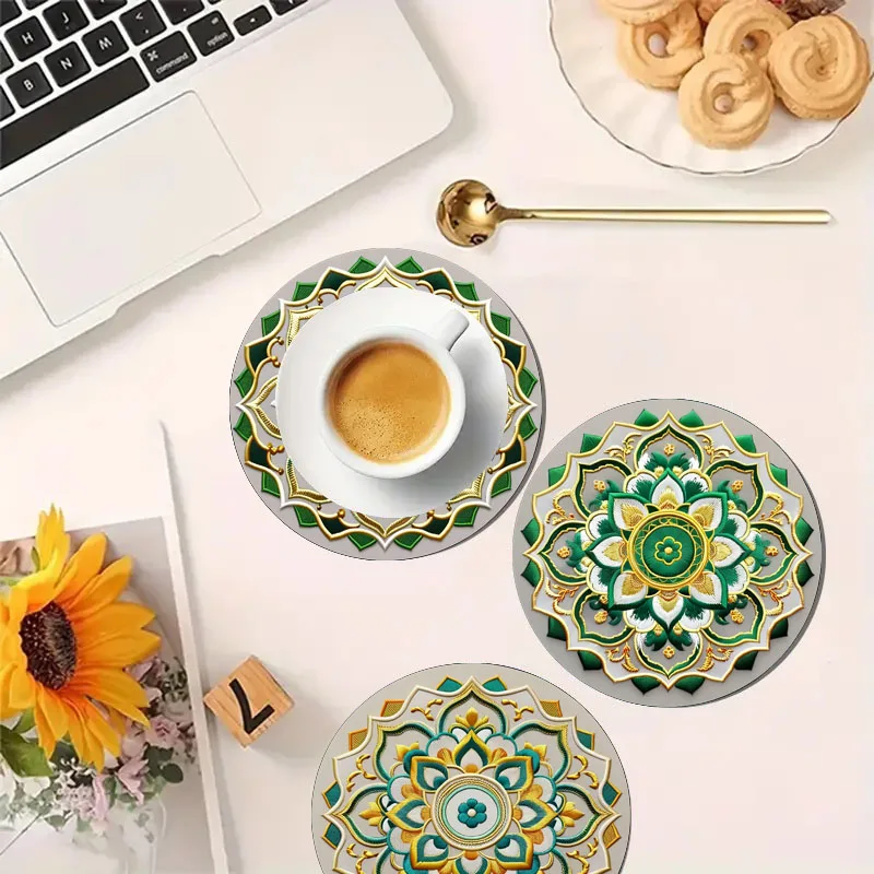 4 قواعد/مجموعة من أكواب/مجموعة فنية بنمط زهور ماندالا الشفاء، قواعد خشبية مضادة للانزلاق، مناسبة لتزيين المطبخ والمكتب والحفلات