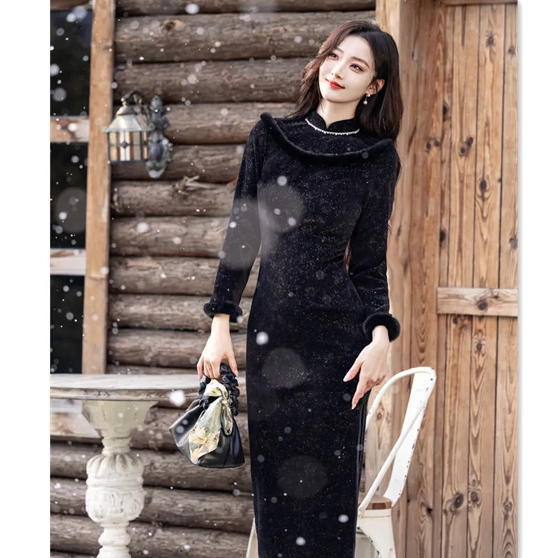 

Yourqipao Long Sleeve Chinese Traditional Winter Cheongsam Women Long Qipao Evening Dress 2025