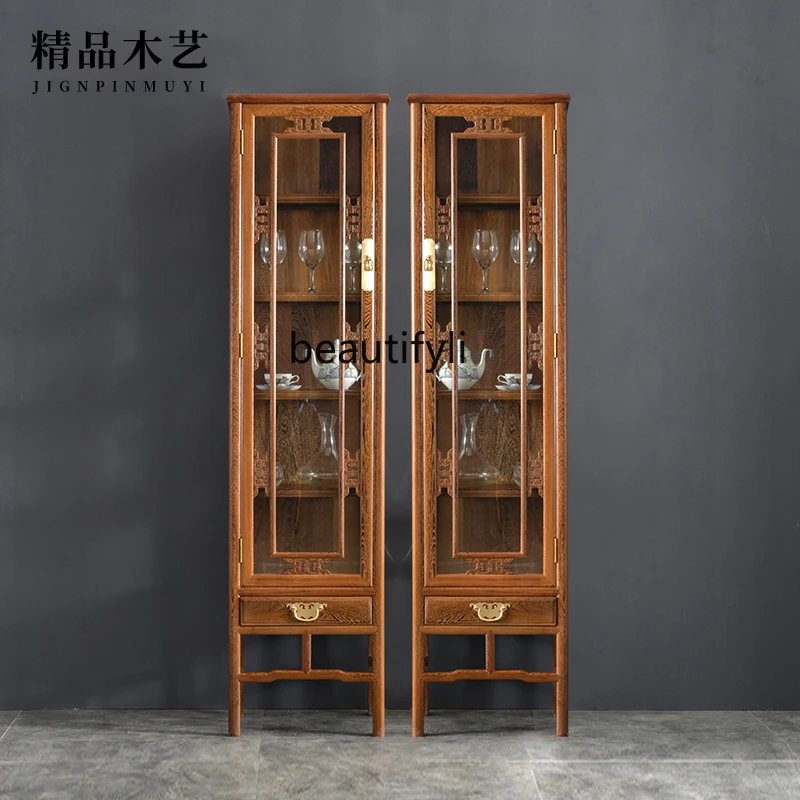 Chicken wing wood wine cabinet living room Chinese single door solid wood glass antique multi-functional display cabinet