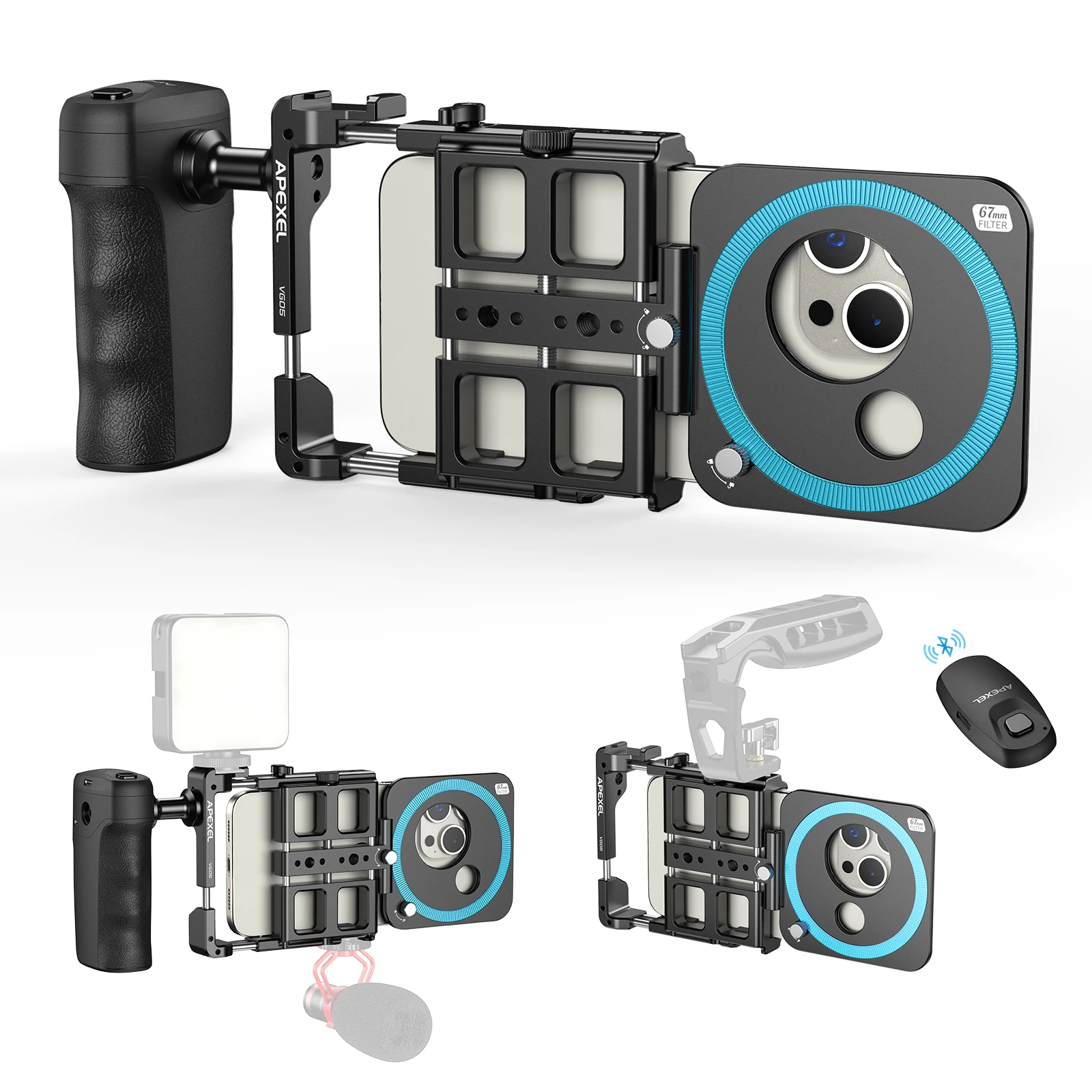 

APEXEL Universal Metal Phone Rig Video Kit Handheld Smartphone Vlog Cage with Rechargeable Shutter Phone Stabilizer for Phones