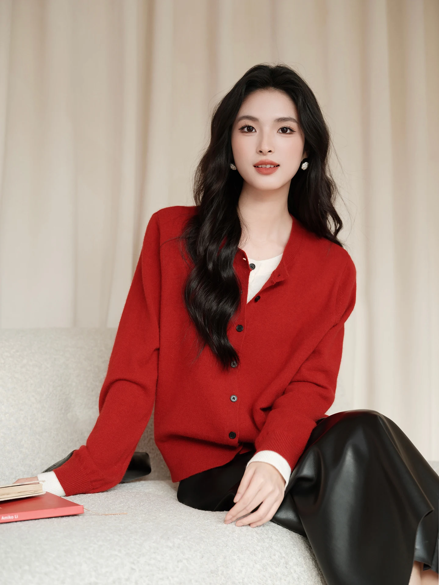 

Red Knitted Open Cardigan Women's Spring New Sle Celebration Versatile Fake Two-Piece Top FT GUOGE Faionable Polyester Fiber
