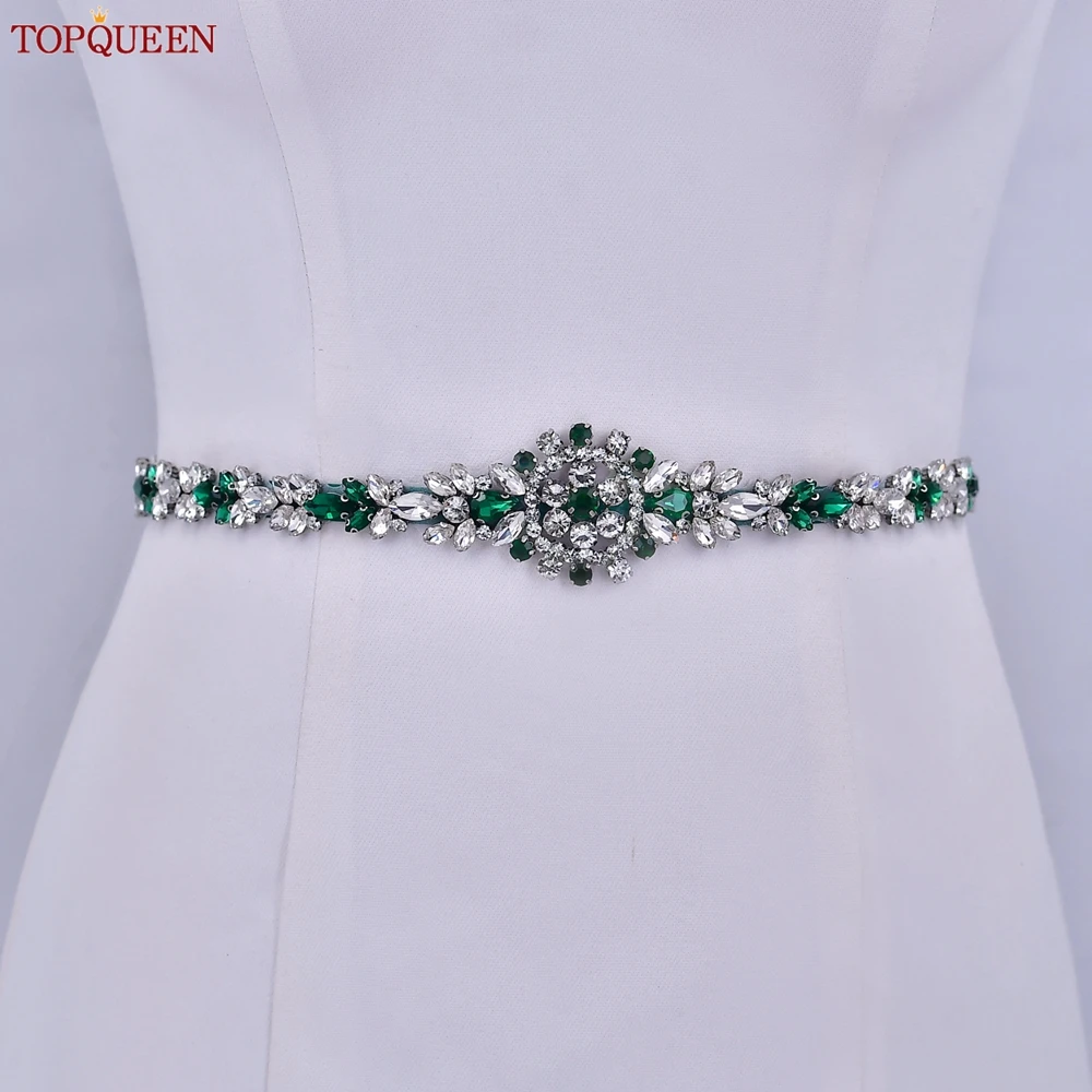 TOPQUEEN Wedding Belt Handmade Green Rhinestone Belt Wedding Accessories Bridal Spaghetti Belt Banquet Dress Decoration S124-KL