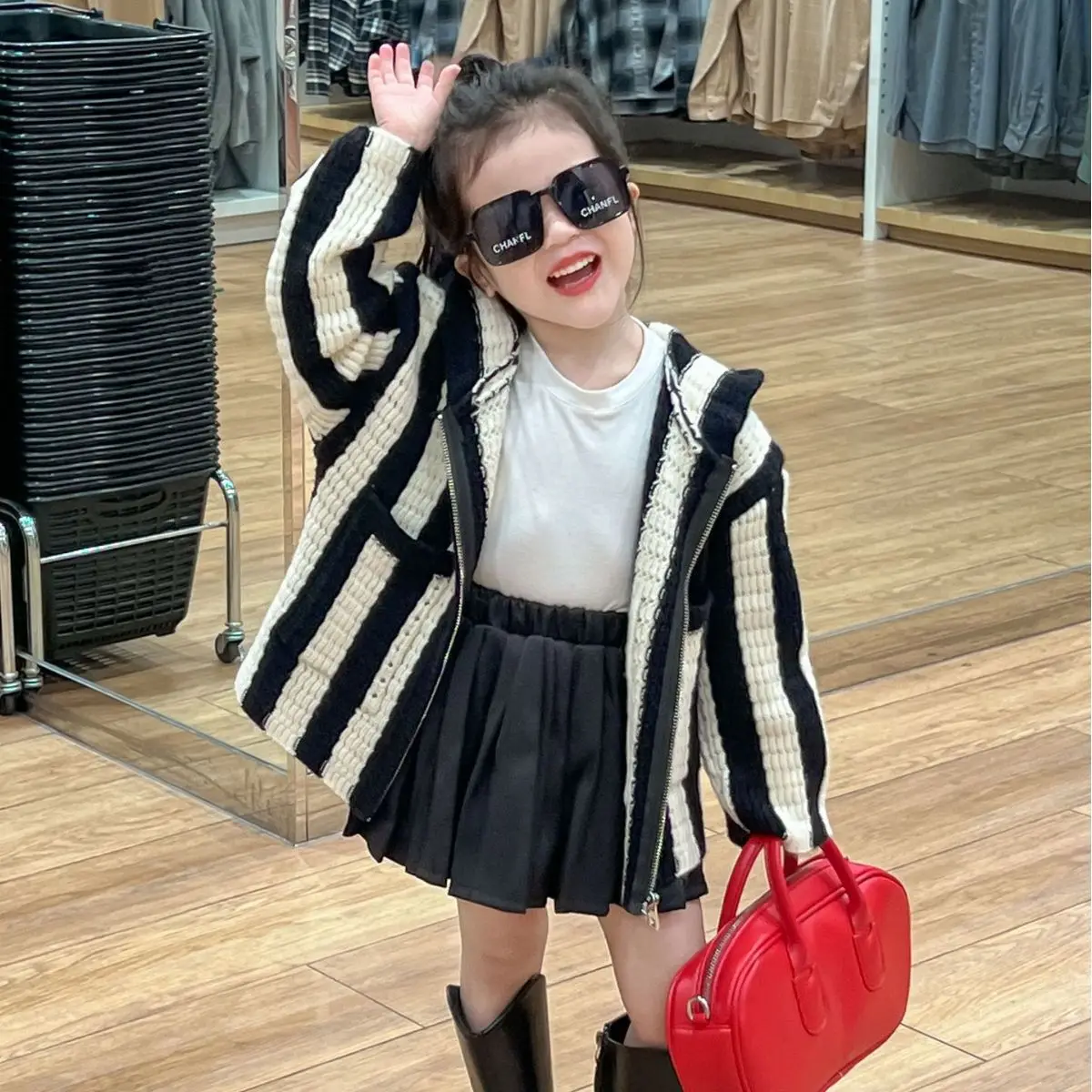 Girls Suits Children 2024 New Autumn Collection Fashion Sweater Coat and White T-shirt and Black Dress Three Piece Set Clothes