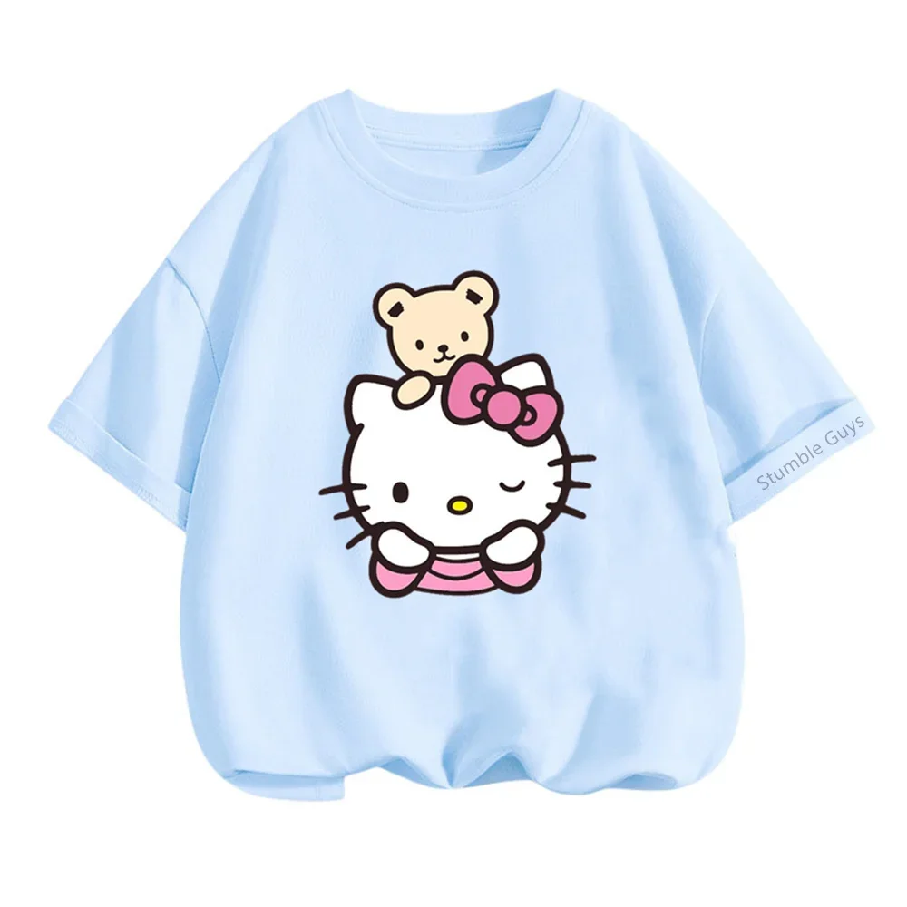 

Одежда для мальчиков и девочек от 3 до 14 лет, футболка Hello Kitty Sanrio, летняя футболка с короткими рукавами и рисунком Kawaii