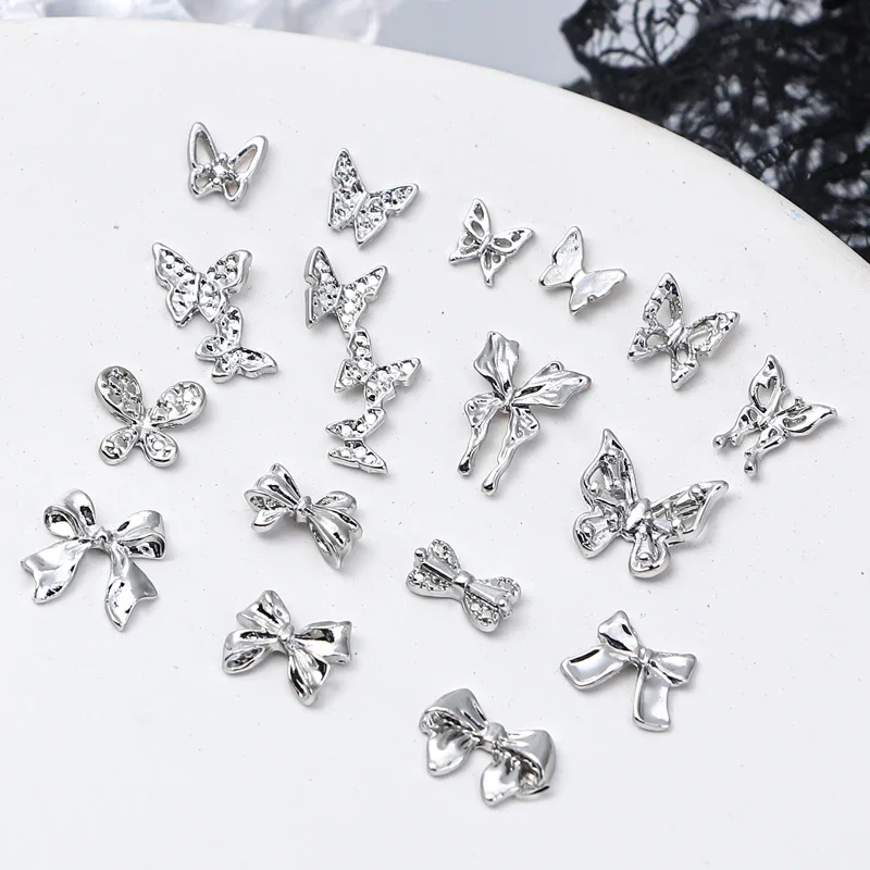 10pcs/bag Silver Metal Bows Nail Art Charm 3D Alloy Accesorios Silver Nail Decoration Parts DIY Punk Manicure Design Butterfly