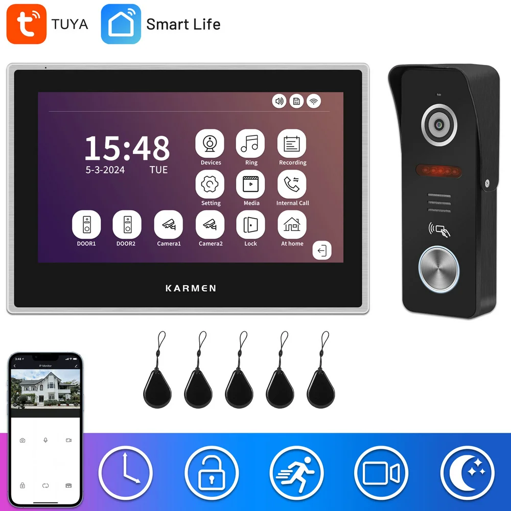 KARMEN WiFi Video Door Phone,Tuya Smart Intercom System,7 Inch Touch Screen Display,Alloy Doorbell,RFID Unlock,Video Record