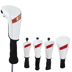 4Pcs/Set Golf Headcovers White With Red Stripe PU 1,3,5,U Interchangeable Number Tag Golf Club Head Cover Protector