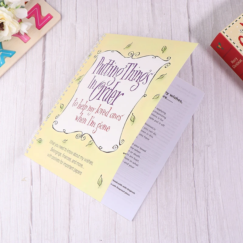 1pc final da vida planejador livro de trabalho colocando coisas no pedido para ajudar meus amantes quando estou ido