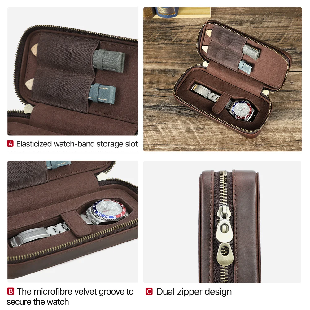 Retro Crazy Horse Leather Single Watch Storage Case 2 Watch Strap Slots Organizer Portable Travel Vintage Casket Zipper Bag