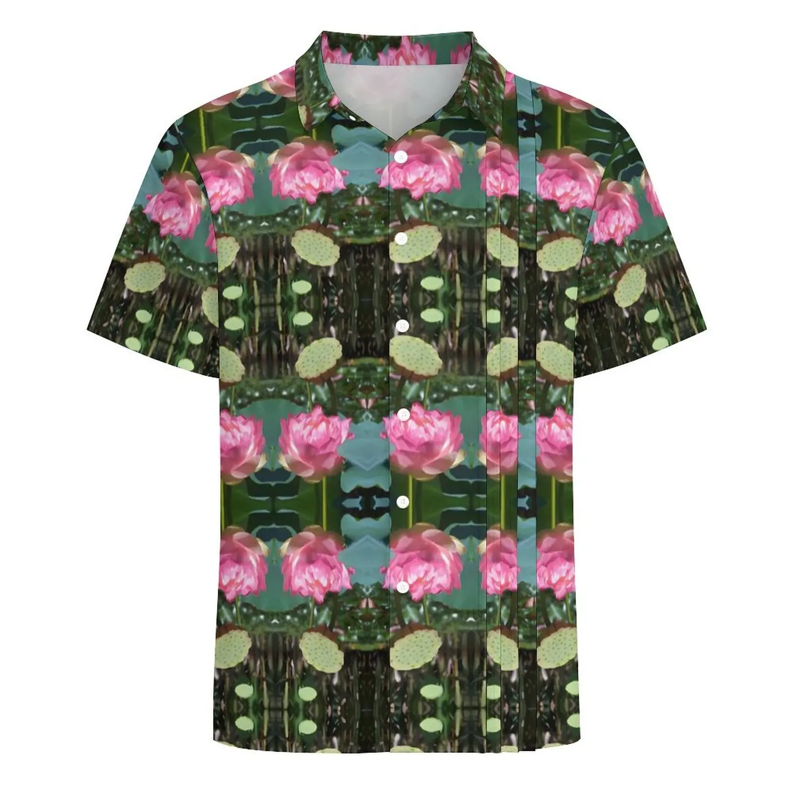 Camisa havaiana com estampa de lírio d'água masculina, camisas casuais de lótus rosa para férias, streetwear de manga curta, gráfico solto, blusas grandes