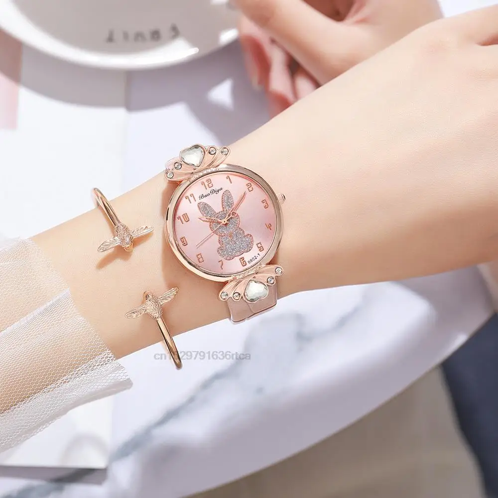 Simple 2024 Pink Diamond Bunny Design Women Fashion Watches Retro Ladies Quartz Wristwatches With Number Female Leather Clock