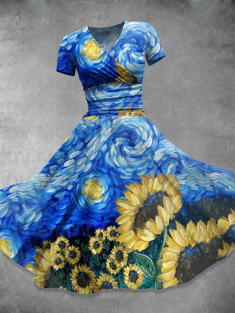 

Women's Sunflower Art Print Casual Dress 3D Printed Sexy V-neck Dress Female Dresses