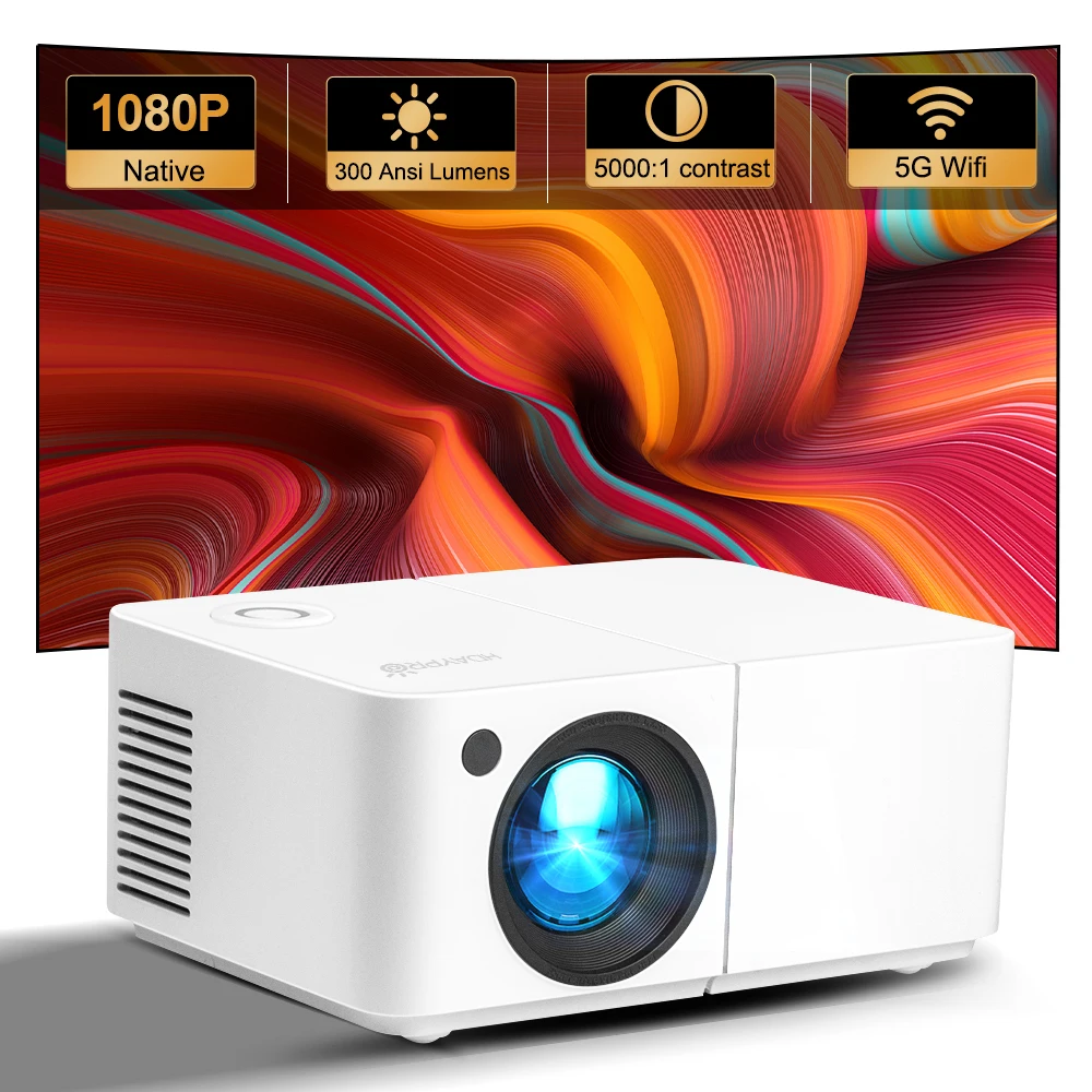 HD300 Mini Portable Projector 5G WIFI 300 Ansi E-Focus IOS Android Connection HD300 Projctor Home Cinema 1080P Beamer