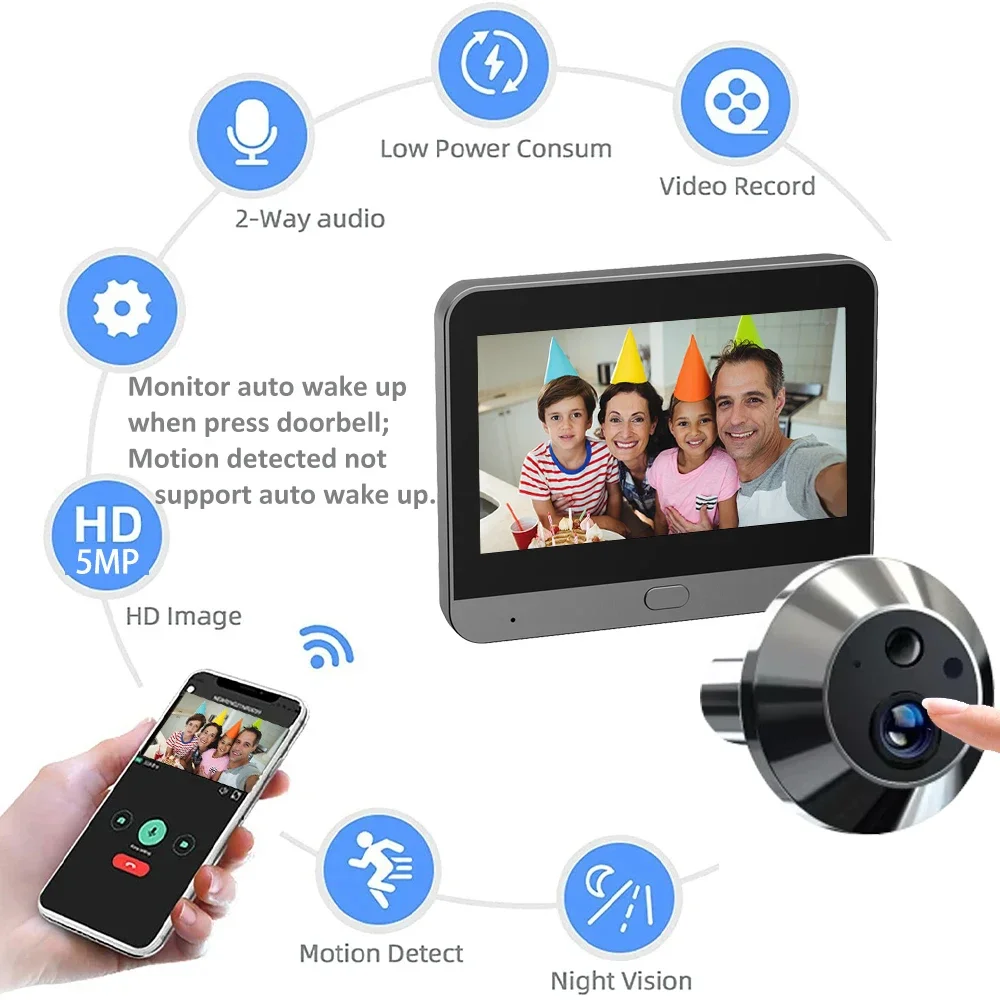 Mini WiFi Wireless Tuya5MP Home Bidirectional Voice Tape Display Video Doorbell Night Vision HD 4.3-inch Baby Monitor