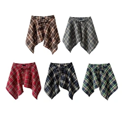 Checkered Layering Wrap Skirt A Line Pleated Short Overskirt Tie Up Asymmetrical Hip Scarf Shirt Extender Streetwear