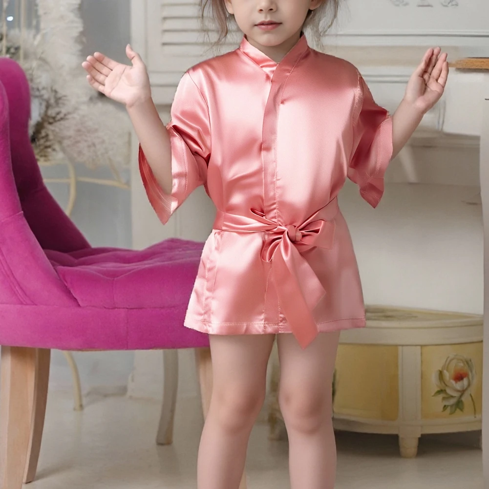 Toddler Girls Pink Satins Bathrobe Princess Style Solid-Color Short Kimono Robes With Non-Slip Belt Sleepwear Pajamas