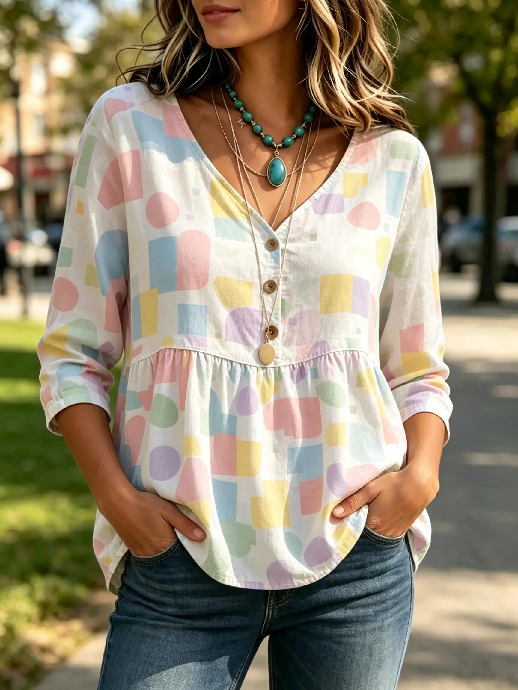 Women Loose Babydoll Tunic Top, Color Block Geometric Print, V Neck Half Button 3/4 Sleeve Casual Daily Blouse