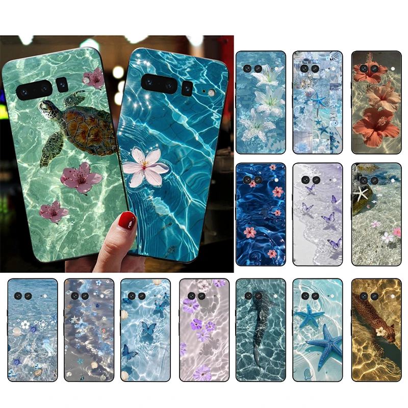 

For Google Pixel 10 9 Pro XL Silicone Phone Soft Case For Google Pixel 9A 8A 7A 6A 5 Cover Shell Blue Sea Flower Water