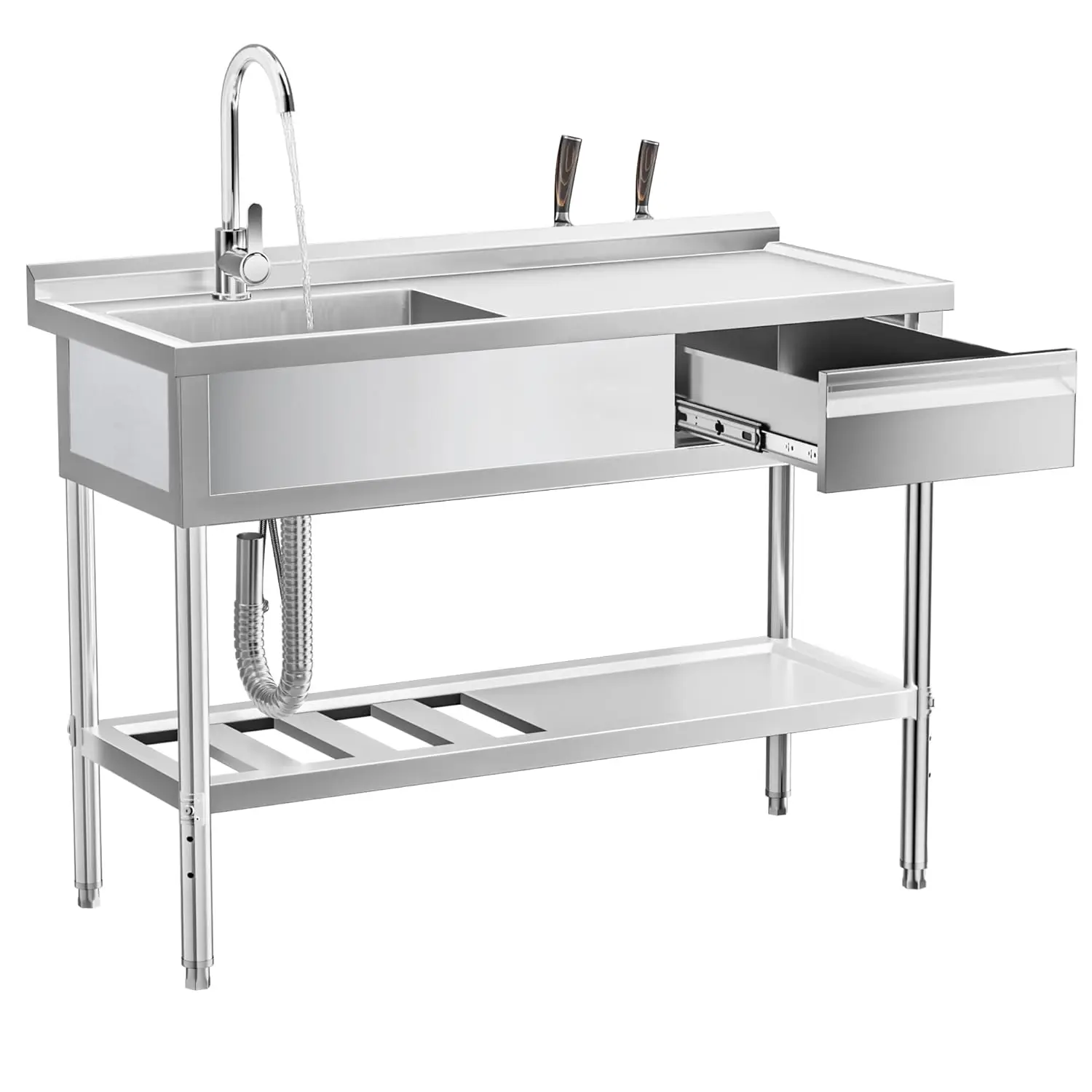 

47" 304 Stainless Steel Utility Sink, Free-Standing Commercial Sink with Workbench, Drawer Storage & Hot/Cold Water, Customized