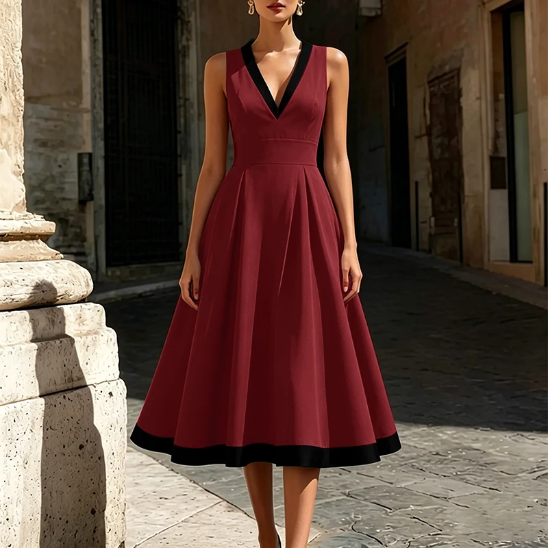 ZANZEA Elegantes ärmelloses Partykleid mit V-Ausschnitt für Damen, Sommer-Patchwork-Sommerkleid, stilvolles, tailliertes A-Linien-Kleid, Urlaubs-Midi-Robe – Detail 8