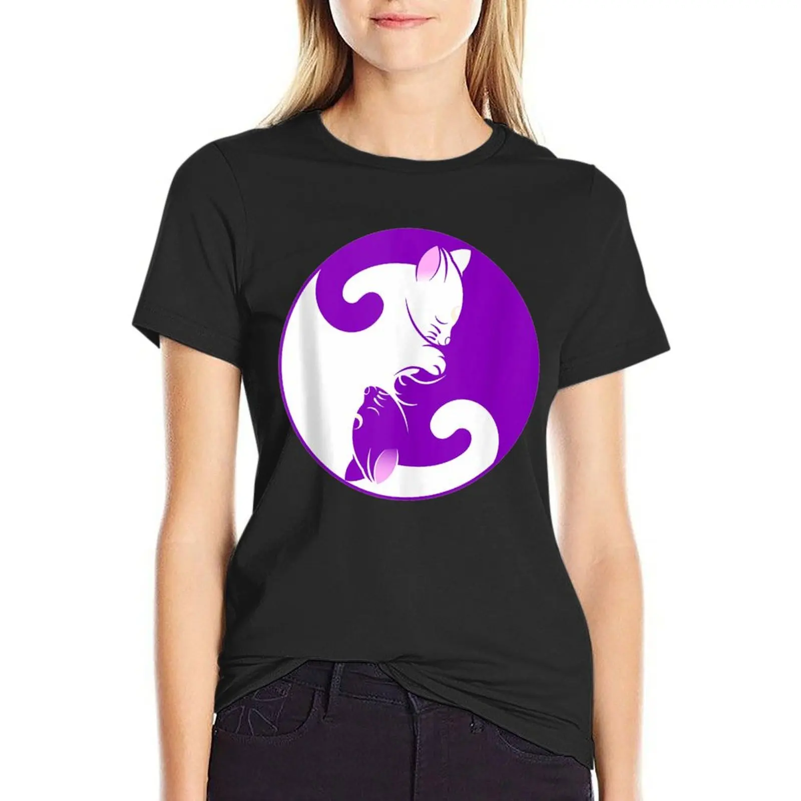 

Yin & Yang Cats Cute Meditation Cat Yoga T-Shirt customizeds Short sleeve tee animal prinfor t shirts for Women loose fit