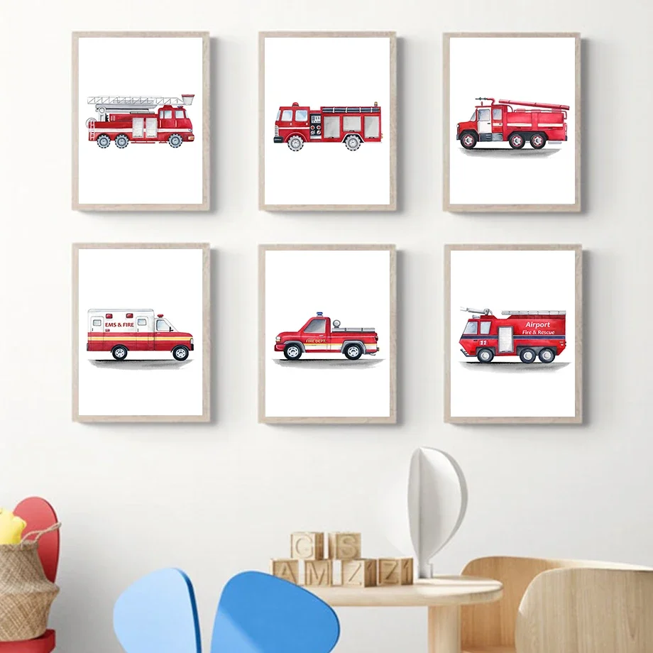 FireTruck Dalmatian Dog Fireman Firedept Wall Art Canvas Painting Nordic Posters And Prints Wall Picture Nursery Kids Room Decor