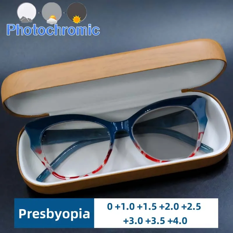 

New Retro Photochromic Presbyopia Glasses Women's Fashion Ultra Light High-definition Cat Eye Anti Blue Light Glasses