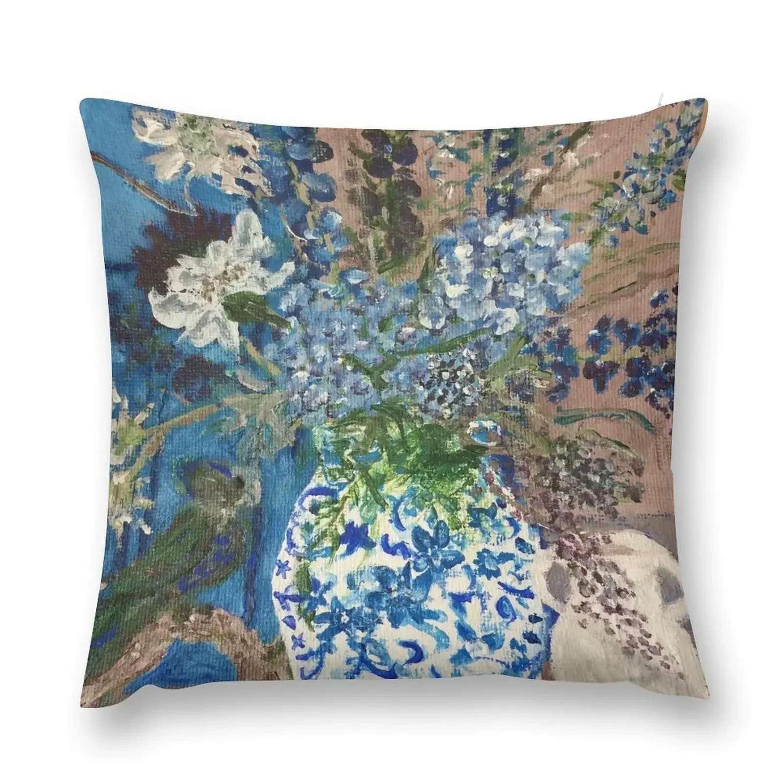 Blue Ginger Jar with Flowers Hydrangea Delphiniums Throw Pillow home decor items Cushion Child pillow