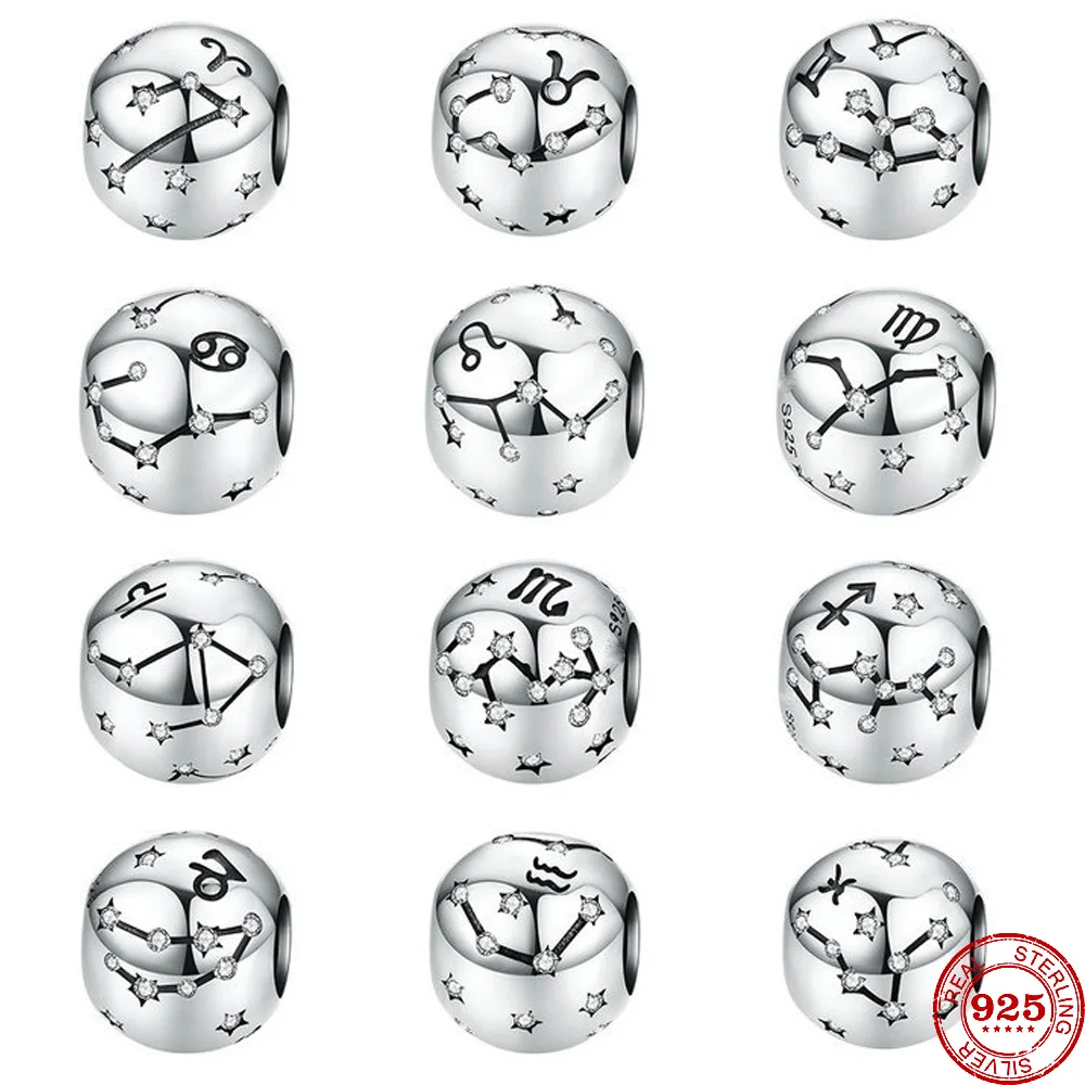 New 925 Sterling Silver 12 Constellation Zodiac Round Beads Fit Original Pandora Bracelet Charms Jewelry Accessories For Women