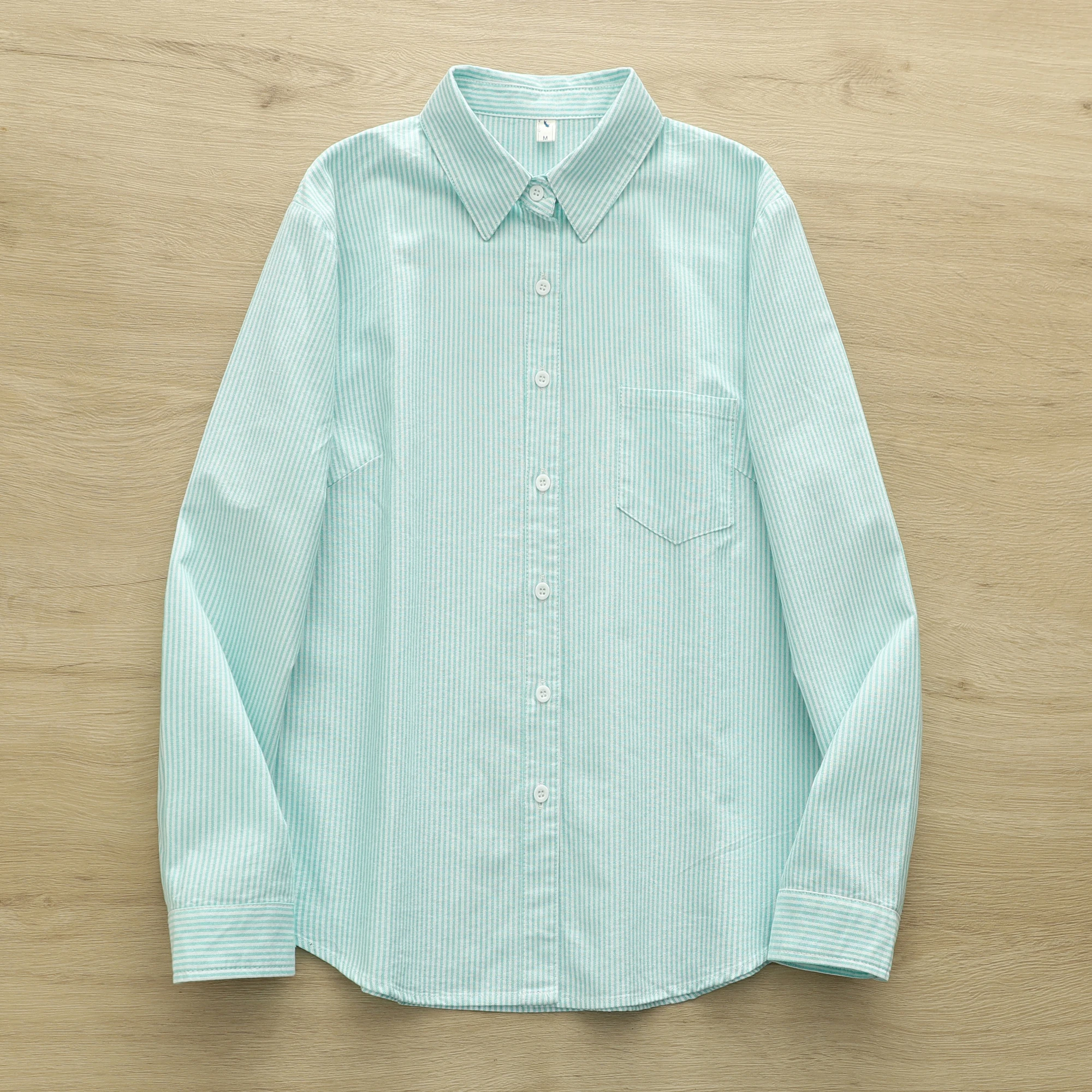 

High Quality Women 100% Cotton Blouse Shirt Striped Cardigan Skinny Single Breasted Lapel Long Sleeve Lining Blouses Tops