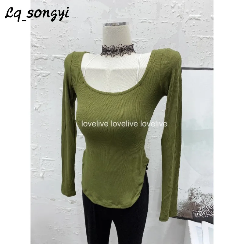

Lq_songyi U Neck Sexy T Shirt Slim Fit High Strecth Tight Tops 2024 Spring Summer Solid Basic Long Sleeve Thin T Shirts Women