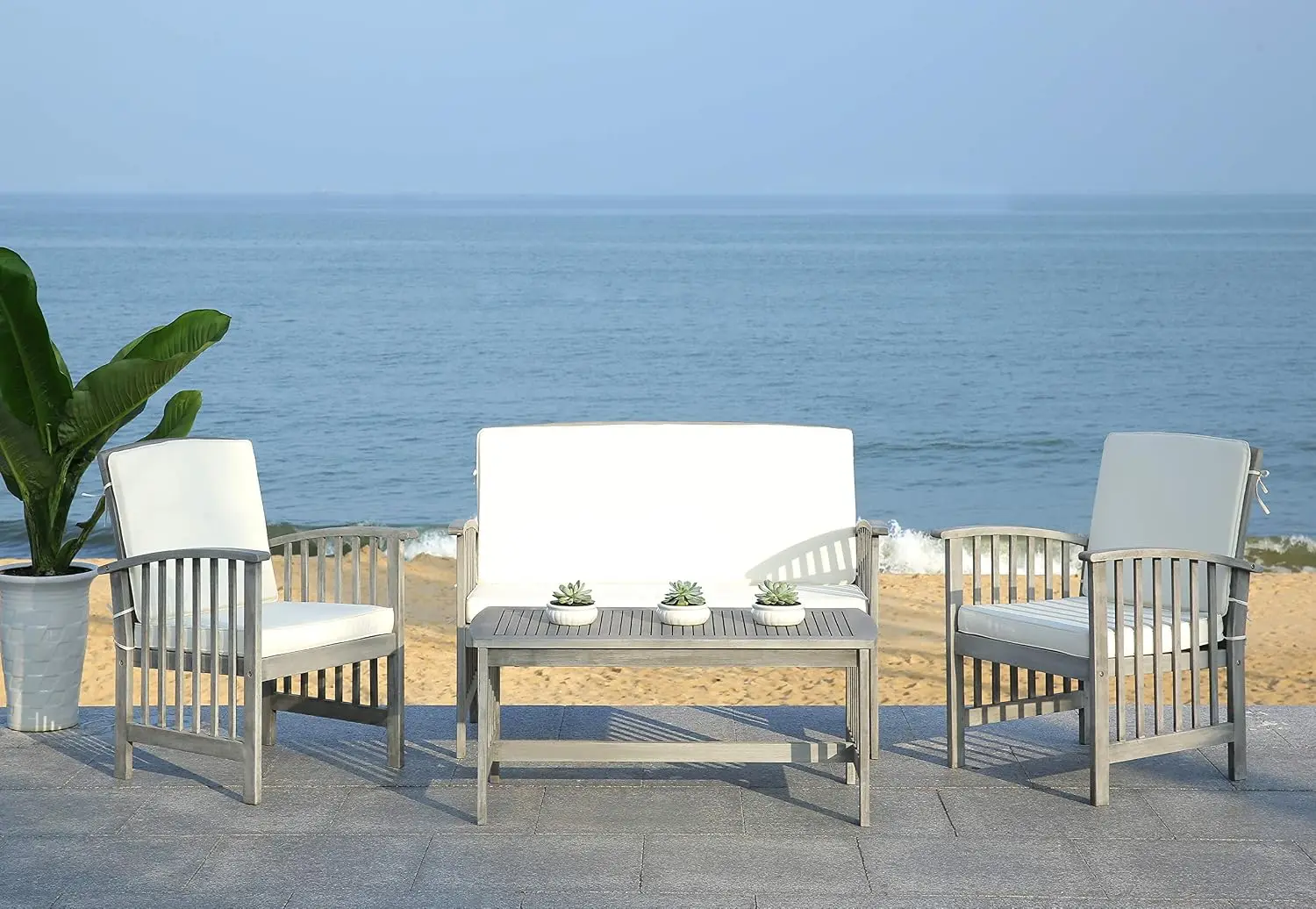 Outdoor Rocklin Grey Wash Beige 4-Piece Patio Conversation Set with Cushions, Customized
