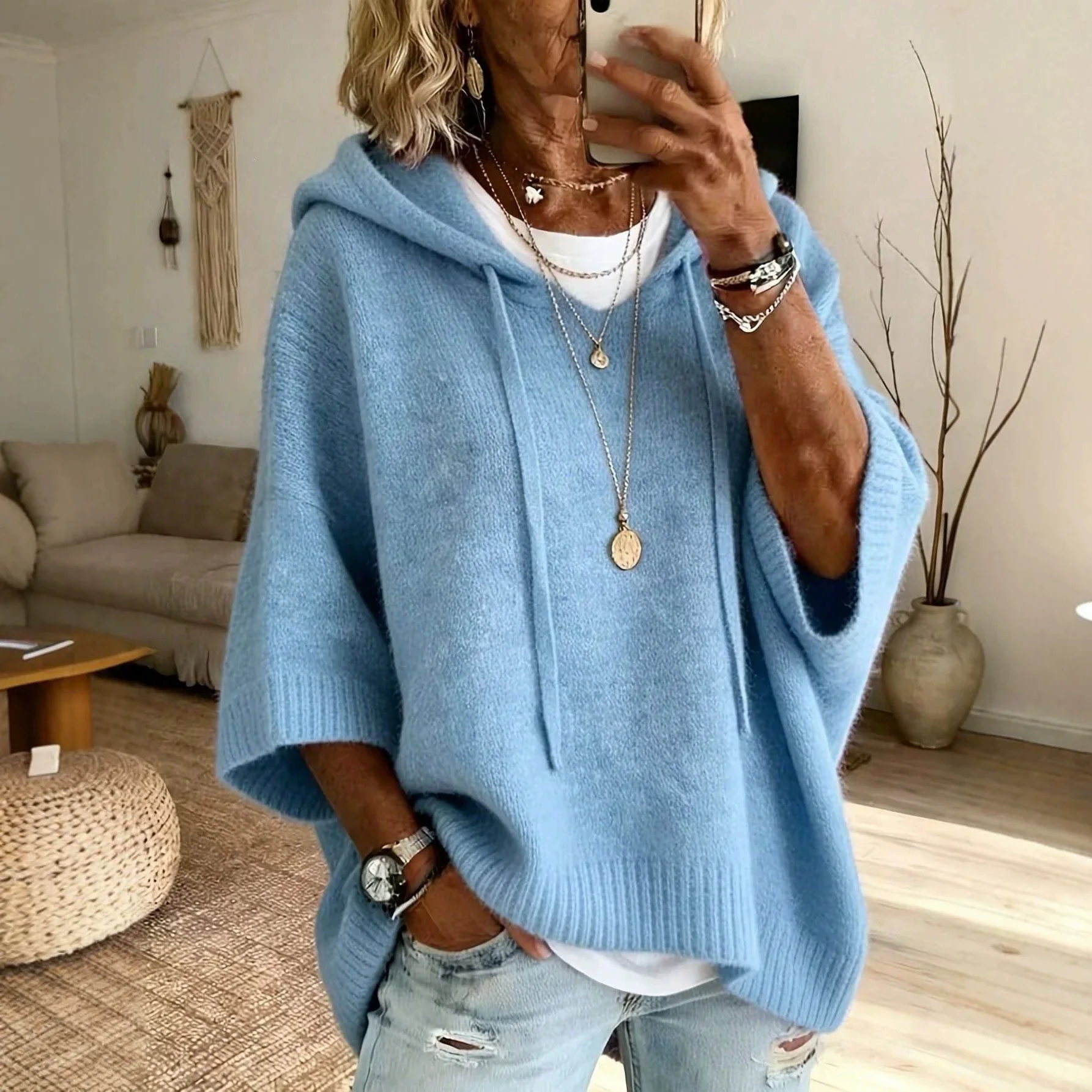 Women Hooded Cape Knit Top Lazy Loose 3/4-Sleeve Pullover Autumn Winter Sweaters Sweaters Vintage Harajuku High Street Clothes