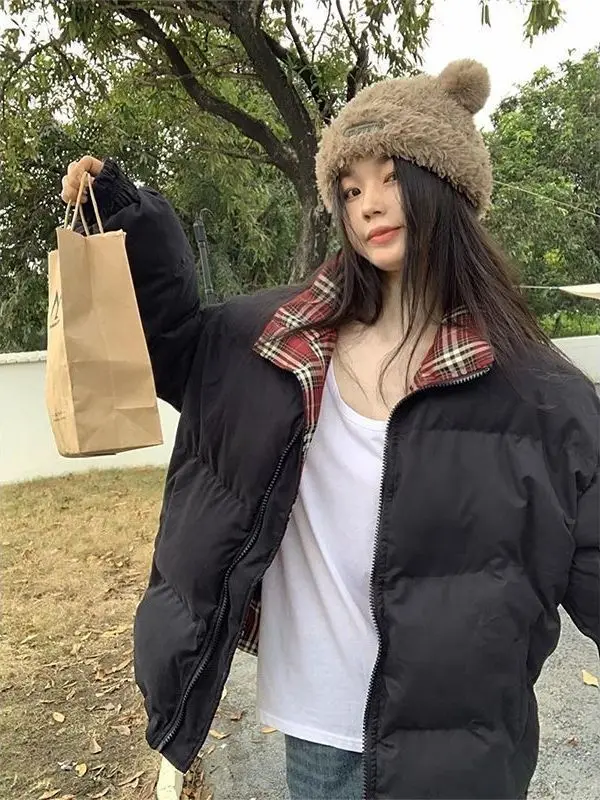 

Женская черная теплая куртка с воротником-стойкой, утепленная хлопком, в корейском стиле, для старшеклассниц, зимнее пальто