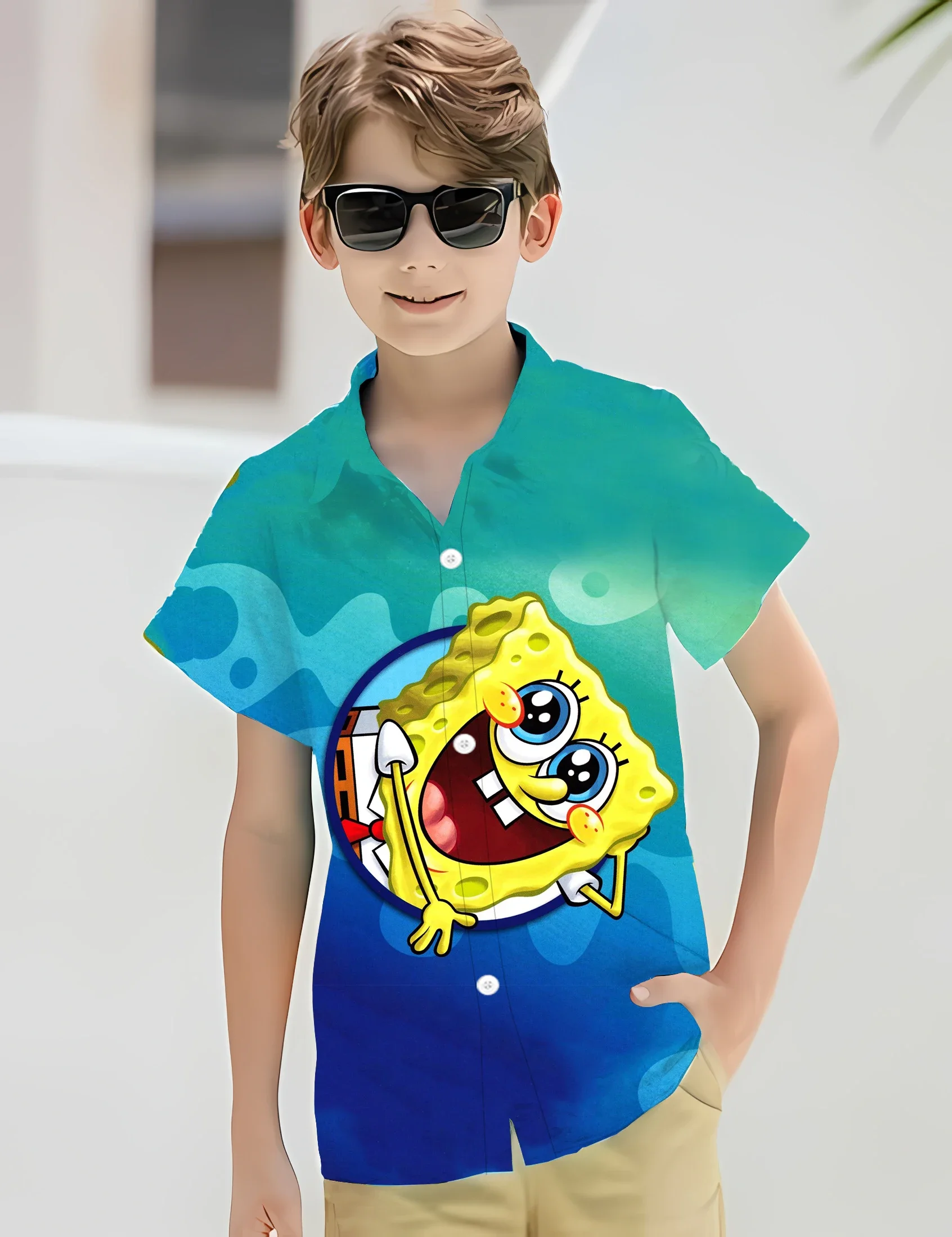 3D Funny Spongebob Squarepants Shirts For Children Casual Clothes Streetwear Blouses Cartoon Y2k Lapel Blouse Button Tops ﻿