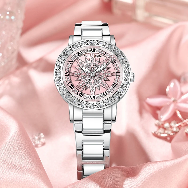 

GUANQIN Luxury Women's Quartz Watch Rotating Snowflakes Luminous Hands Leisure 30M Waterproof Watch for Lady for Gifts