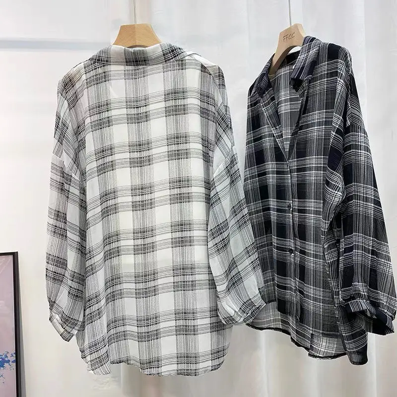 Women Thin Plaid Shirt Casual Long Sleeves Blouse Sun Protection Chiffon Coat Female Button Cardigan All-match Shirt Y2k Tops