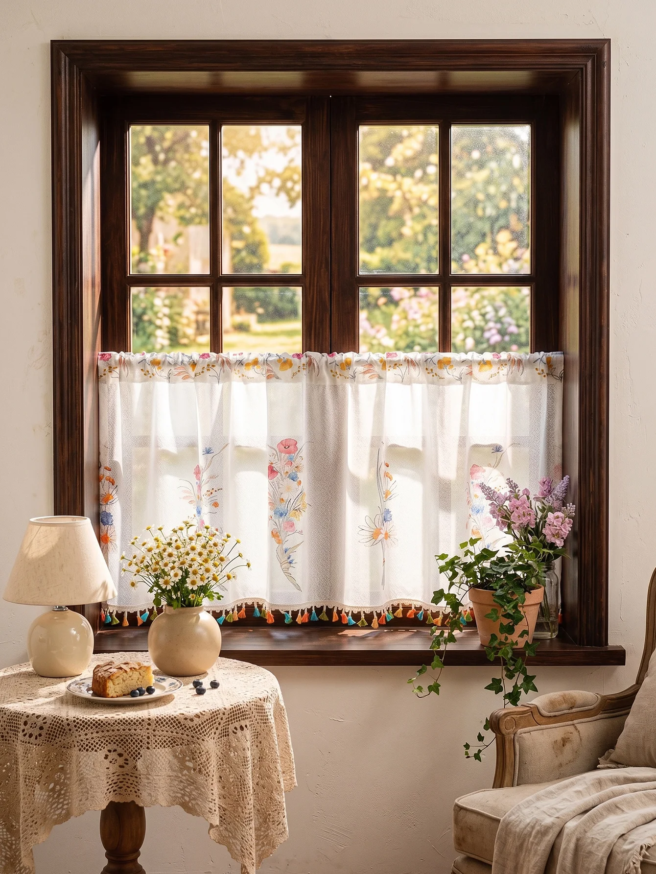 Boho Wildflower Tier Curtain, Multicolor Botanical Print Light Filtering Cafe Curtain with Tassel Trim