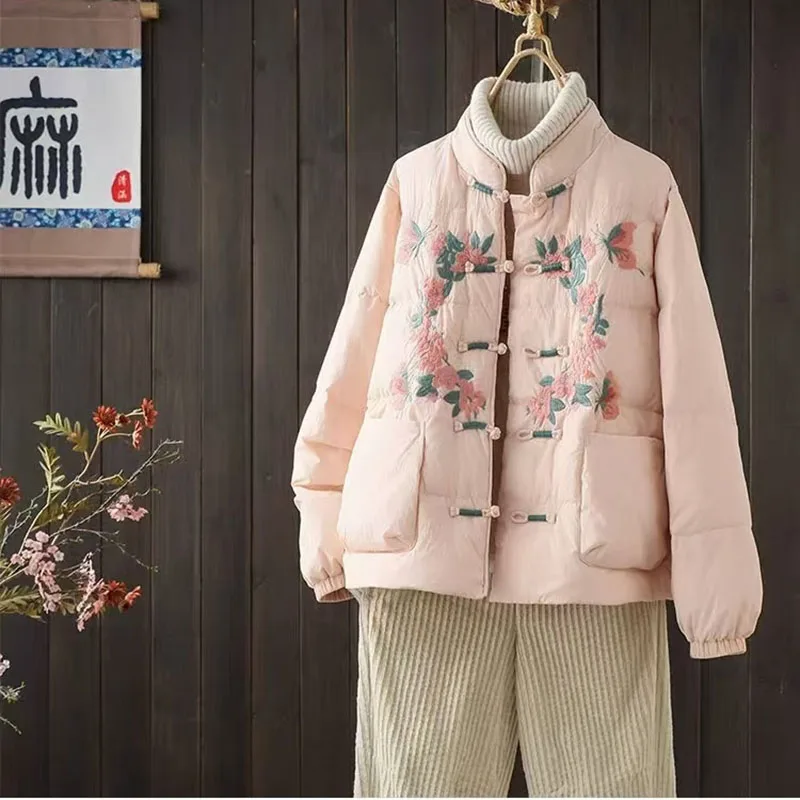 

Chinese Style Winter Cotton Coat Women Retro Embroidery Stand Collar Frog Buttons Thick Warm Jacket Lady Chic Casual Outwear